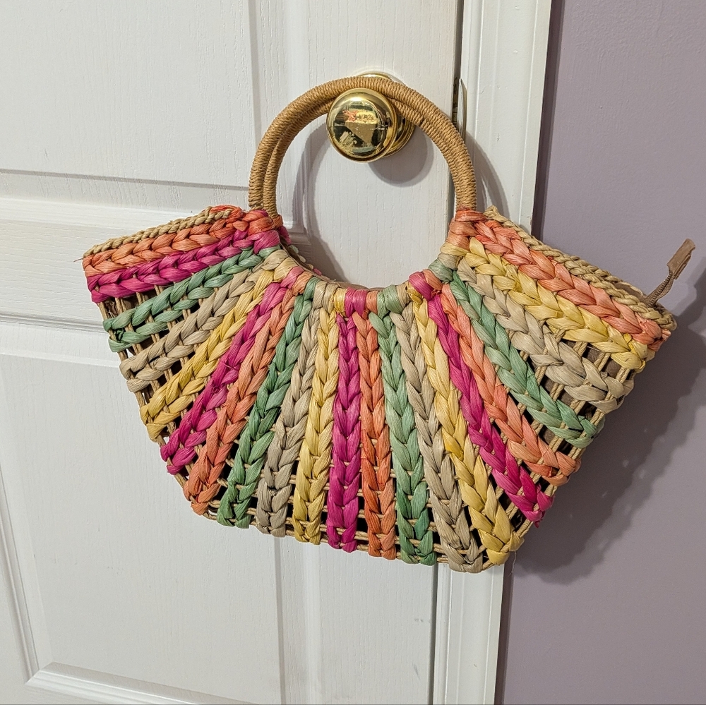 Multicolor Woven Straw Tote Bag